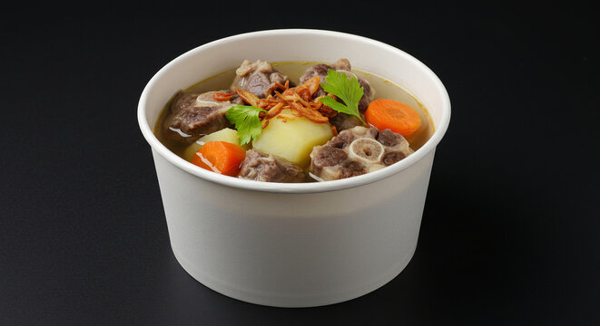 Indonesian Oxtail Soup in Takeaway Bowl on Black Background