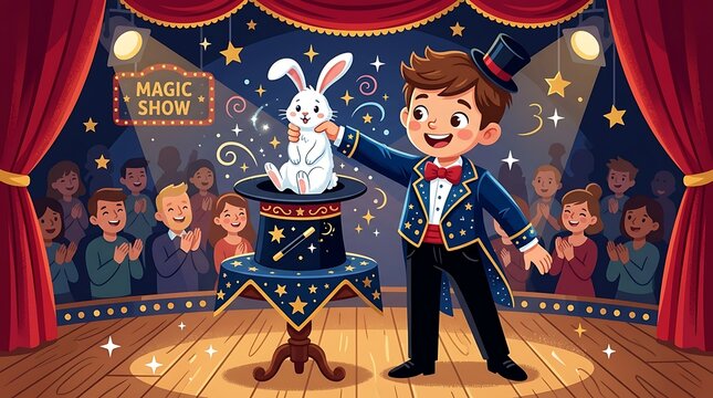 Cheerful Young Magician Performing Rabbit Trick on Colorful Theater Stage