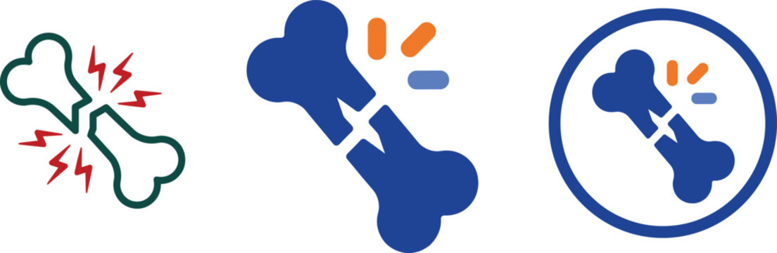 Broken bone fracture pain icon set with lightning bolt and pill medicine symbol in green and blue colored design