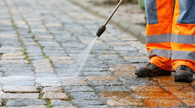 Worker in high visibility trousers pressure washing cobblestone path
