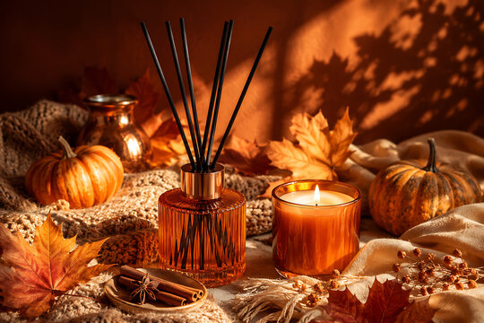 Aromatherapy reed diffuser with candle pumpkins maple leaves cinnamon and orange tones creating cozy autumn home fragrance mood in golden sunlight seasonal comfort