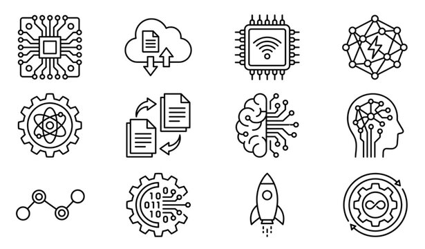 Advanced technology and AI operations vector icons set isolated on white background flat future computing illustration microchip brain cloud rocket design