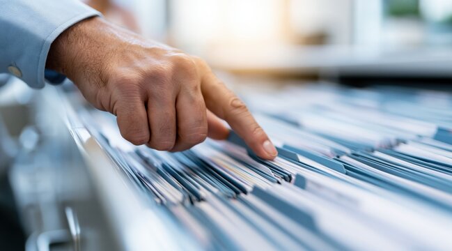 Close up of hand searching through file folders in office cabinet drawer