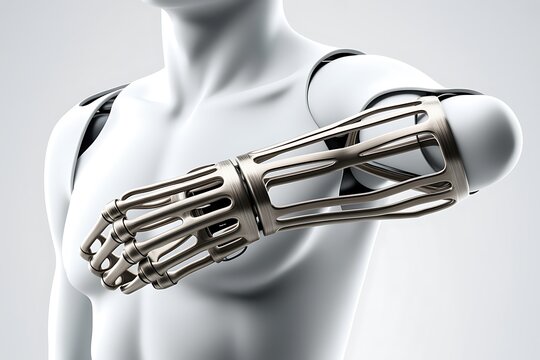 A futuristic robotic arm is attached to a humanoid torso with metal limb