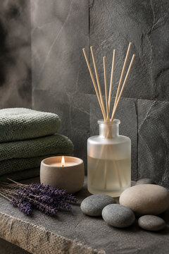 Aromatherapy reed diffuser with candle lavender bundle smooth stones and green towels creating modern steam spa mood on textured stone for relaxation therapy