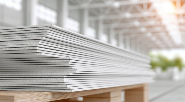 Stack of white gypsum boards on wooden pallet in warehouse