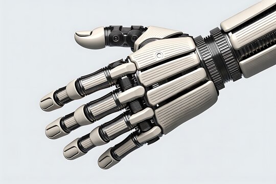 A metallic robotic hand extends outward in a stopping motion against a light background.