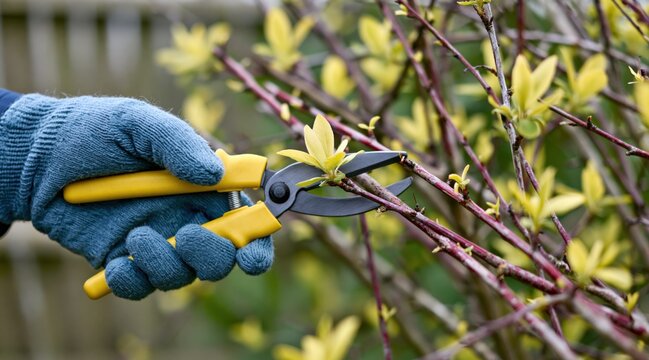 Person in blue gardening glove pruning branch of plant with yellow secateurs