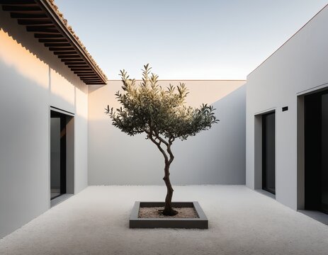 Minimalist abstract architecture and empty space: empty minimalist courtyard with a single small olive tree
