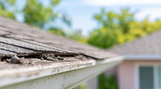 Close up of dirty gutter filled with debris and dirt on residential house roof