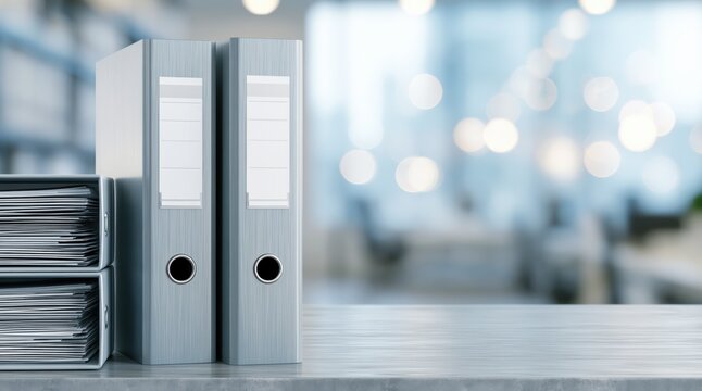 Grey lever arch folders and paper stack on office desk with copy space