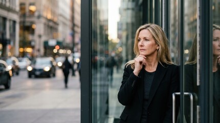 Fototapeta premium Blonde mature businesswoman looking pensive against blurred background, motion blur effect. with hair thoughtful