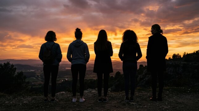 Beauty diversity concept: Silhouettes of five women with various hairstyles and ethnic diverse in profile silhouette against warm