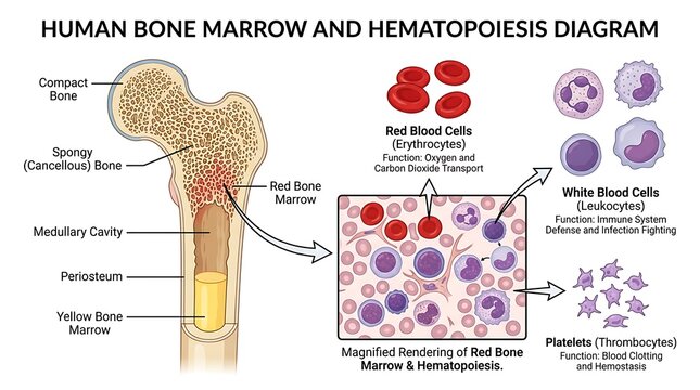 Scientific chart of bone marrow hematopoiesis and blood cells with hematopoiesis