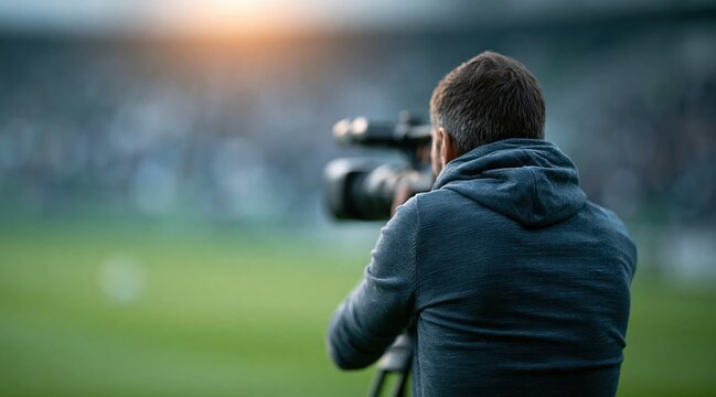 Professional videographer filming sports event in stadium