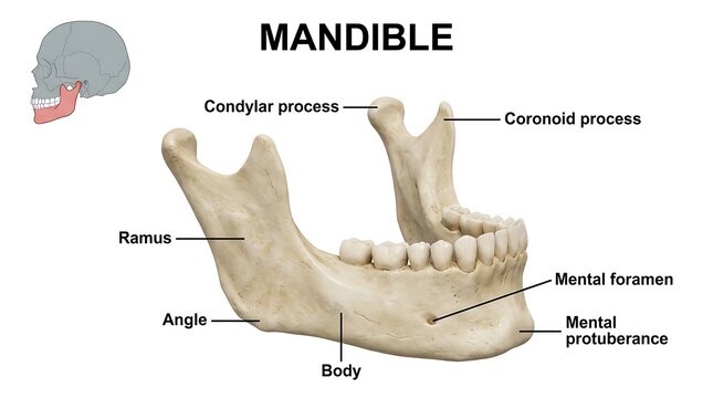 Anatomical diagram of the human mandible showing bone structure and features