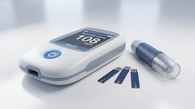 Glucose meter with test strips and lancet on white surface