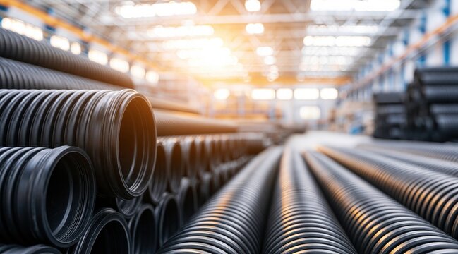Stacks of black corrugated plastic pipes in industrial warehouse
