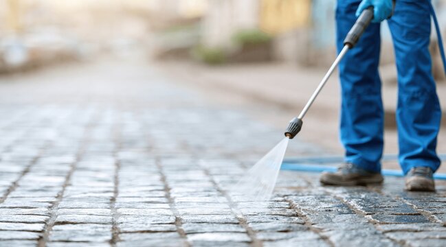 Worker cleaning cobblestone pavement with pressure washer