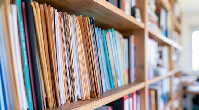 Close up of colorful folders and documents on wooden bookshelf