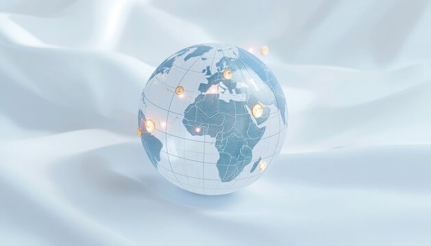 Decorative blue sparkling world globe ornament on soft white silk fabric with ornament background decoration geography international conceptual celebration textured abstract spherical