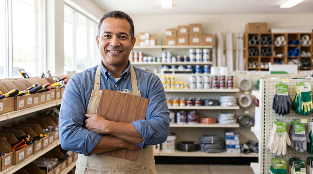 Smiling male hardware store retail clerk in apron, holding wooden clipboard with crossed arms, posing for portrait, home improvement supply shop with stocked shelves, commercial photography