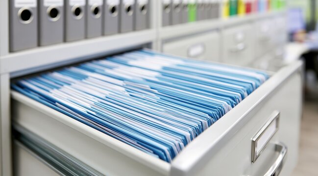 Open filing cabinet drawer with blue hanging folders and ring binders in background