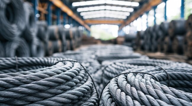 Steel wire rope coils in industrial warehouse