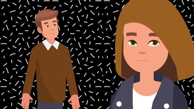 Split Screen View of Man in Brown Sweater and Woman in Jacket Looking Ahead, Relationship Contrast or Communication, 2D Animation