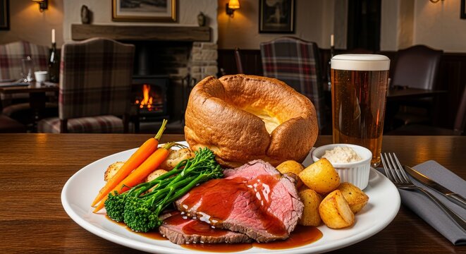 Traditional British Yorkshire Pudding With Sunday Roast Dinner and Gravy Sauce
