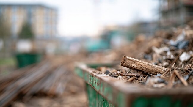 Close up of construction waste in green skip at building site