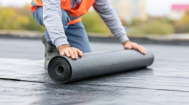 Roofer installing bituminous waterproofing roll on flat roof surface