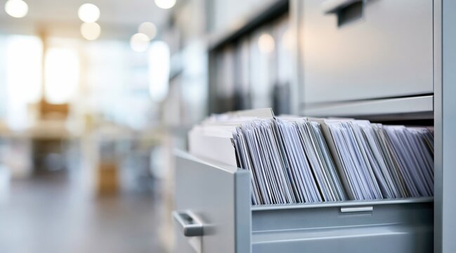 Close up of open filing cabinet drawer with many document folders in blurred office interior