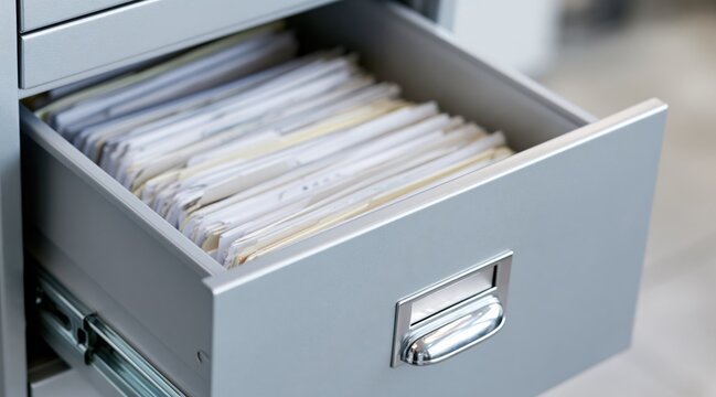 Open metal filing cabinet drawer full of folders and documents