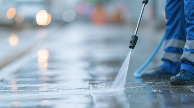 Professional cleaner washing street with high pressure water jet