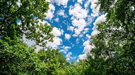 Fototapeta premium Lush Trees in Serene Blue Sky Framed by White Clouds - Nature Luxuriant