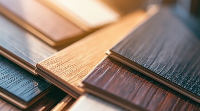 Wood flooring samples with different colors and textures in close up view
