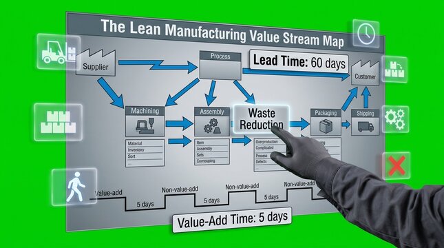 Hand Pointing at Value Stream Map Diagram on Digital Tablet in Industrial Setting