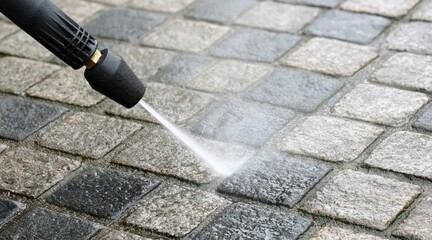 Fototapeta premium Pressure washing cobblestones on walkway