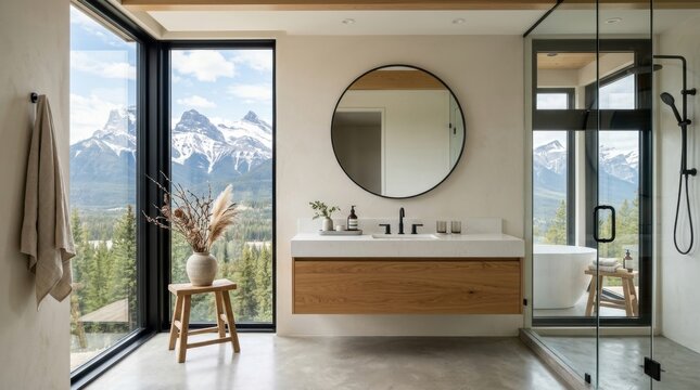 Neutral-toned bathroom with bathtub in a modern design aesthetic Beige interior tub