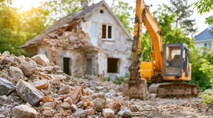 Fototapeta premium Yellow excavator next to ruins of old house with pile of debris