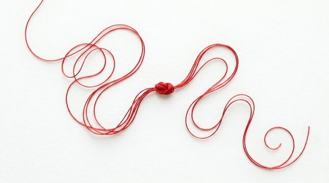 Red thread tied in knot on white background - minimalist concept photography. A single