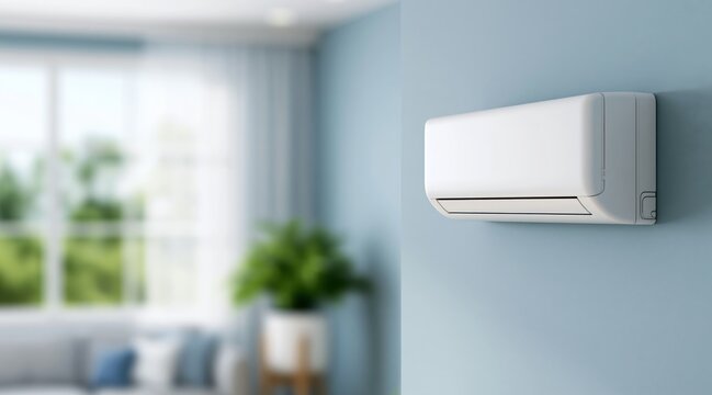 Modern wall mounted air conditioner on blue wall in bright room