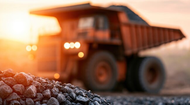 Mining dump truck in quarry at sunset with rocks in foreground