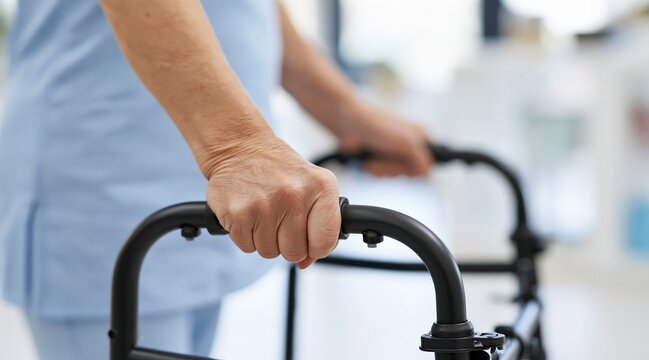 Senior person hands holding walking frame for support in hospital corridor