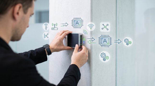 Man installing smart IoT device on wall with wireless connection icons, artificial intelligence chip and automation gears, modern home or office technology integration system se...