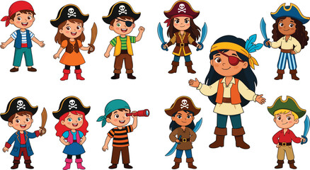 Cute Pirate Kids Vector Character Set with Cartoon Boys and Girls in Costumes Holding Swords and Spyglass for Birthday Party Designs