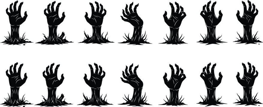Multiple Black Silhouettes of Zombie Hands Emerging from the Ground Keywords: zombie, hands, arms, emerging, rising, graveyard