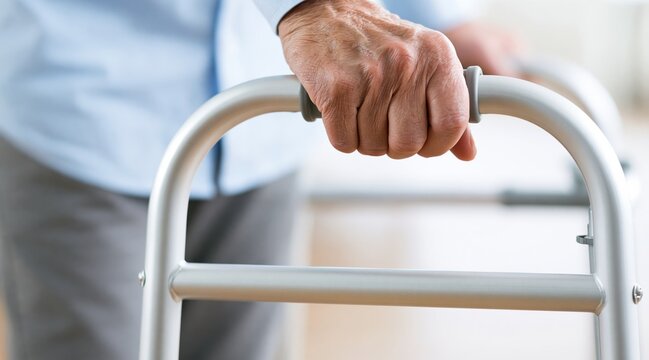 Close up of elderly man hand holding walker handle for support