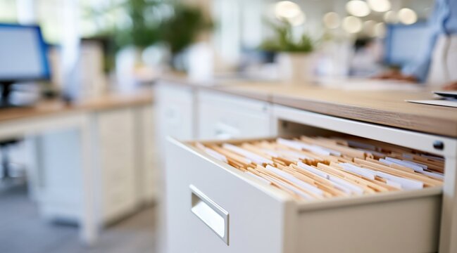 Filing cabinet drawer with many folders in office